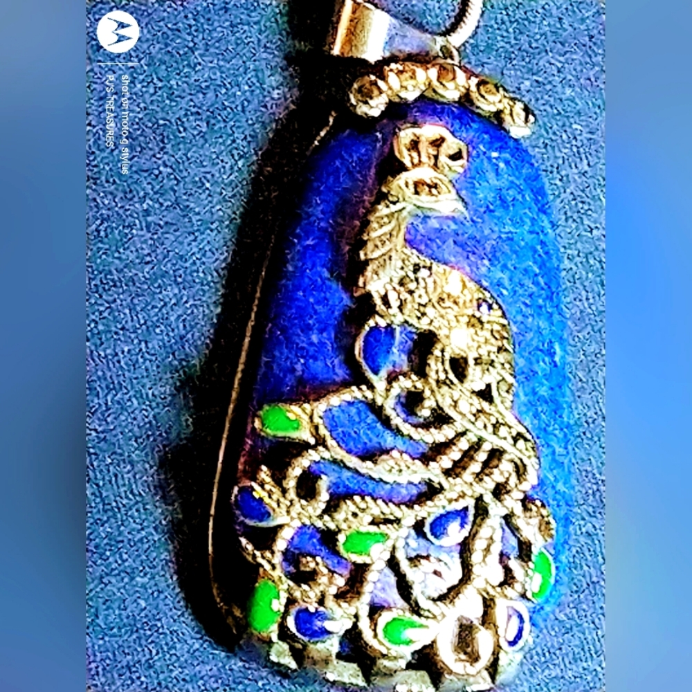 🛑MY LOWEST PRICE🛑BEAUTIFUL PEACOCK-, LAPIS LAZULI & MARCASITE PENDANT.